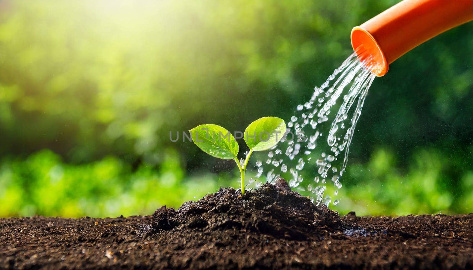 Watering young plant in soil with watering can on green nature background. AI generated
