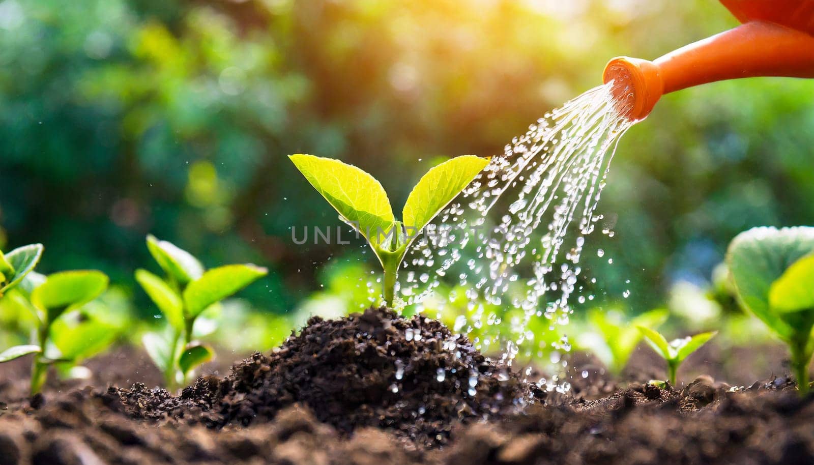 Watering young plant in soil with watering can on green nature background. AI generated