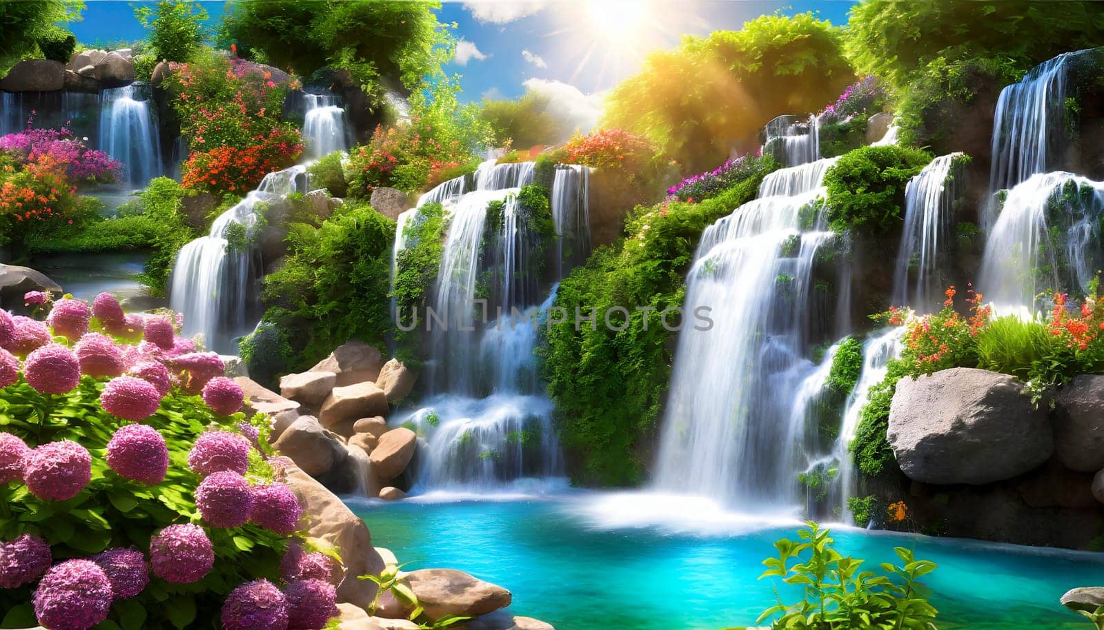 Waterfall in the garden with sunlight, beautiful nature landscape background. AI generated