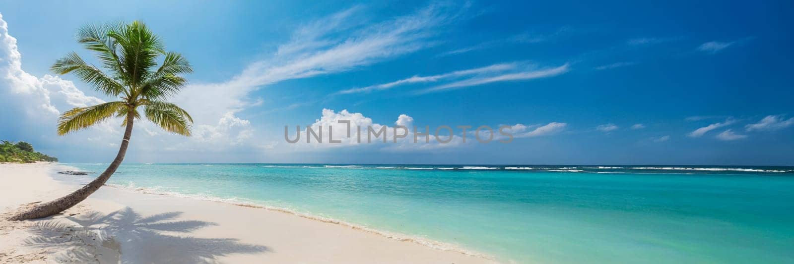 Palm tree on white sand beach with turquoise ocean water. AI generated