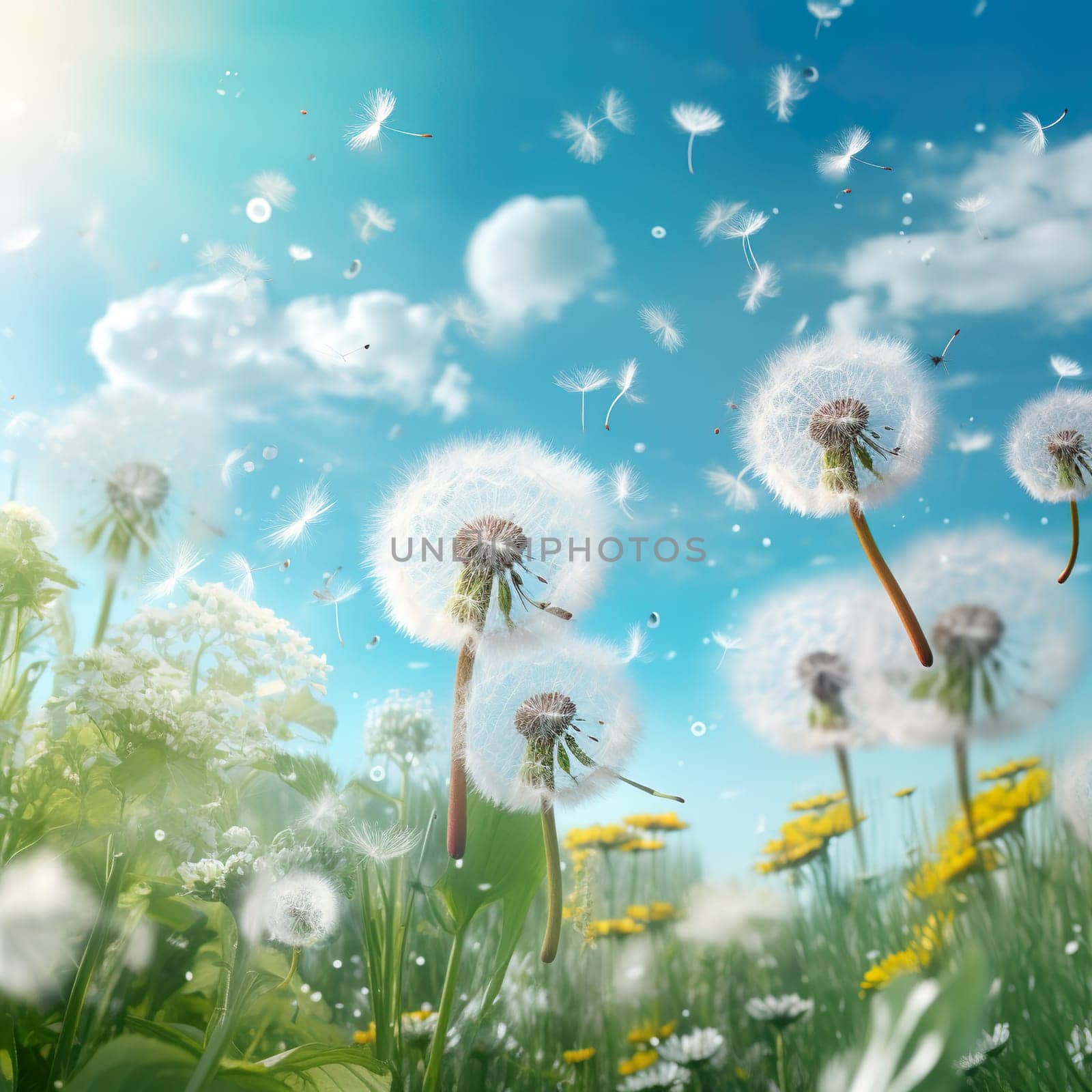 Beautiful dandelions in a meadow generated by artificial intelligence