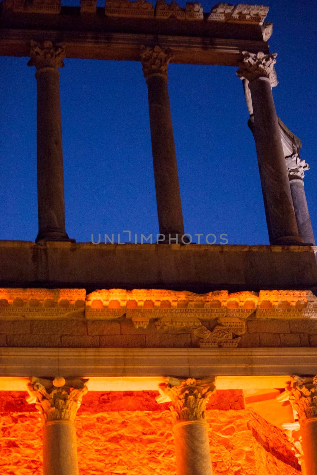 Merida, Spain - Jun 3rd, 2023: Theatre stage illuminated during performance. Emerita Ludica Festival 2023.