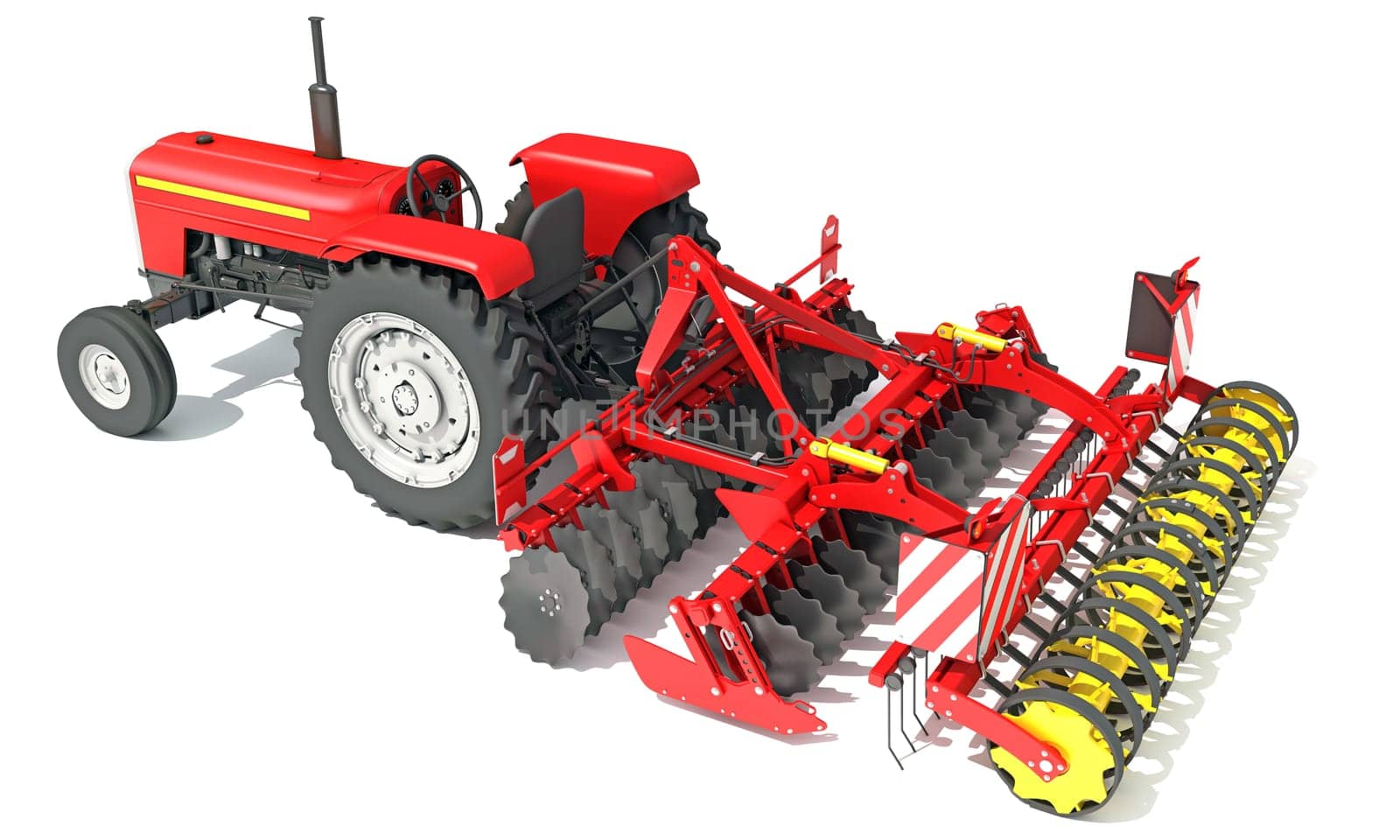 Farm Tractor with Trailed Disc Harrow 3D rendering model on white background