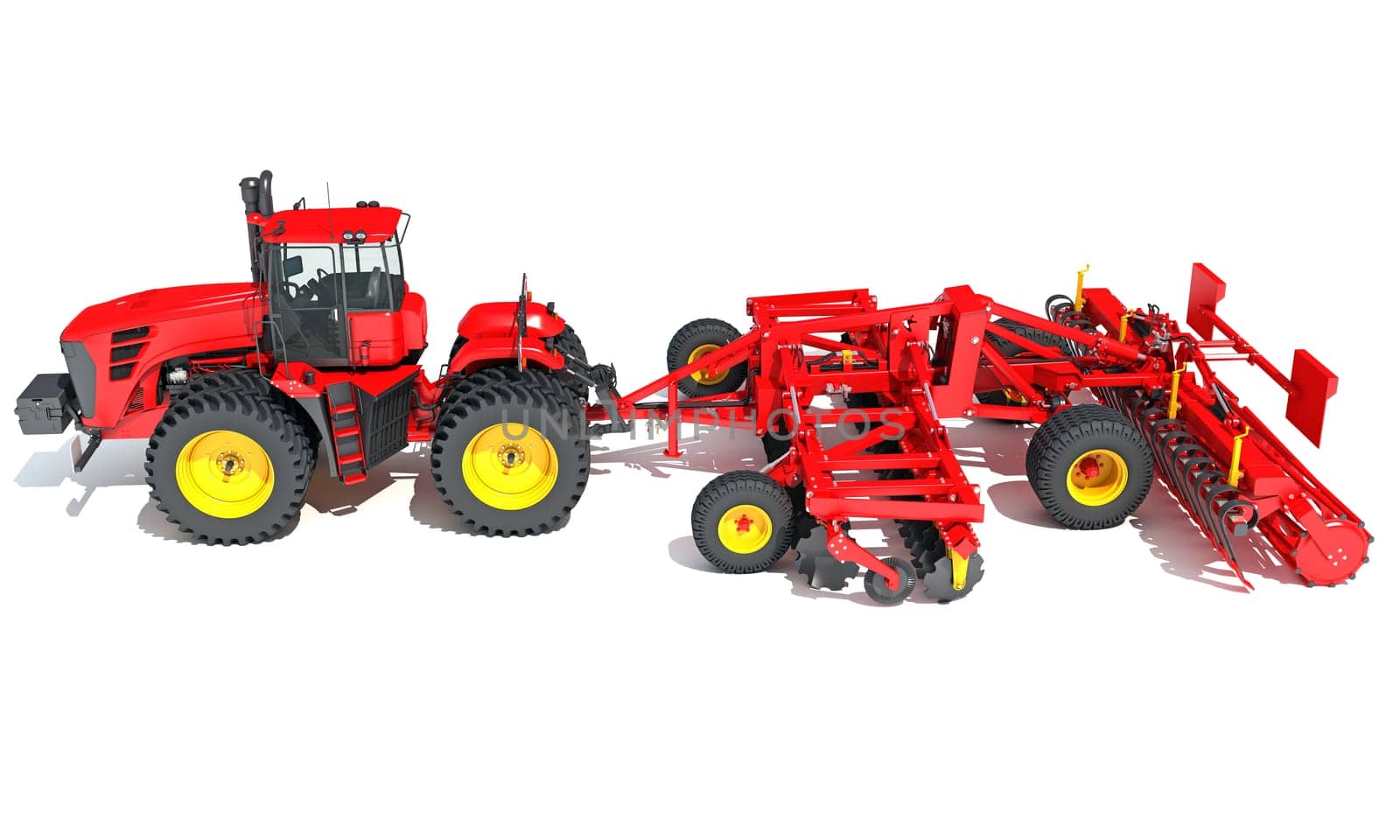Farm Tractor with Compact Disc Harrow 3D rendering model on white background
