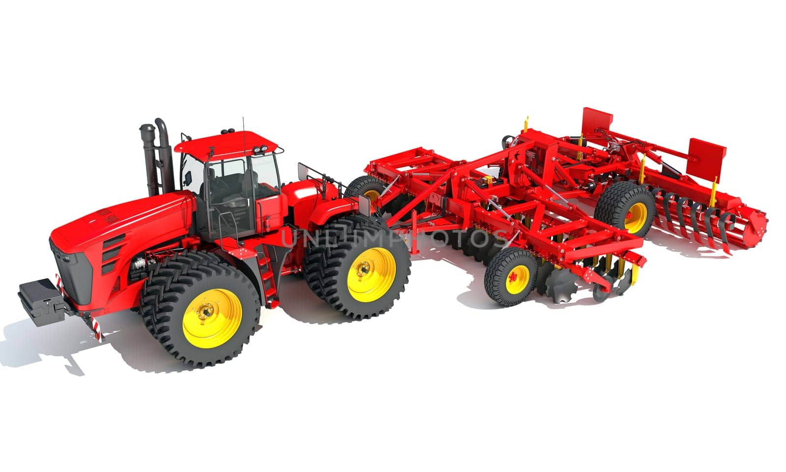 Farm Tractor with Compact Disc Harrow 3D rendering model on white background