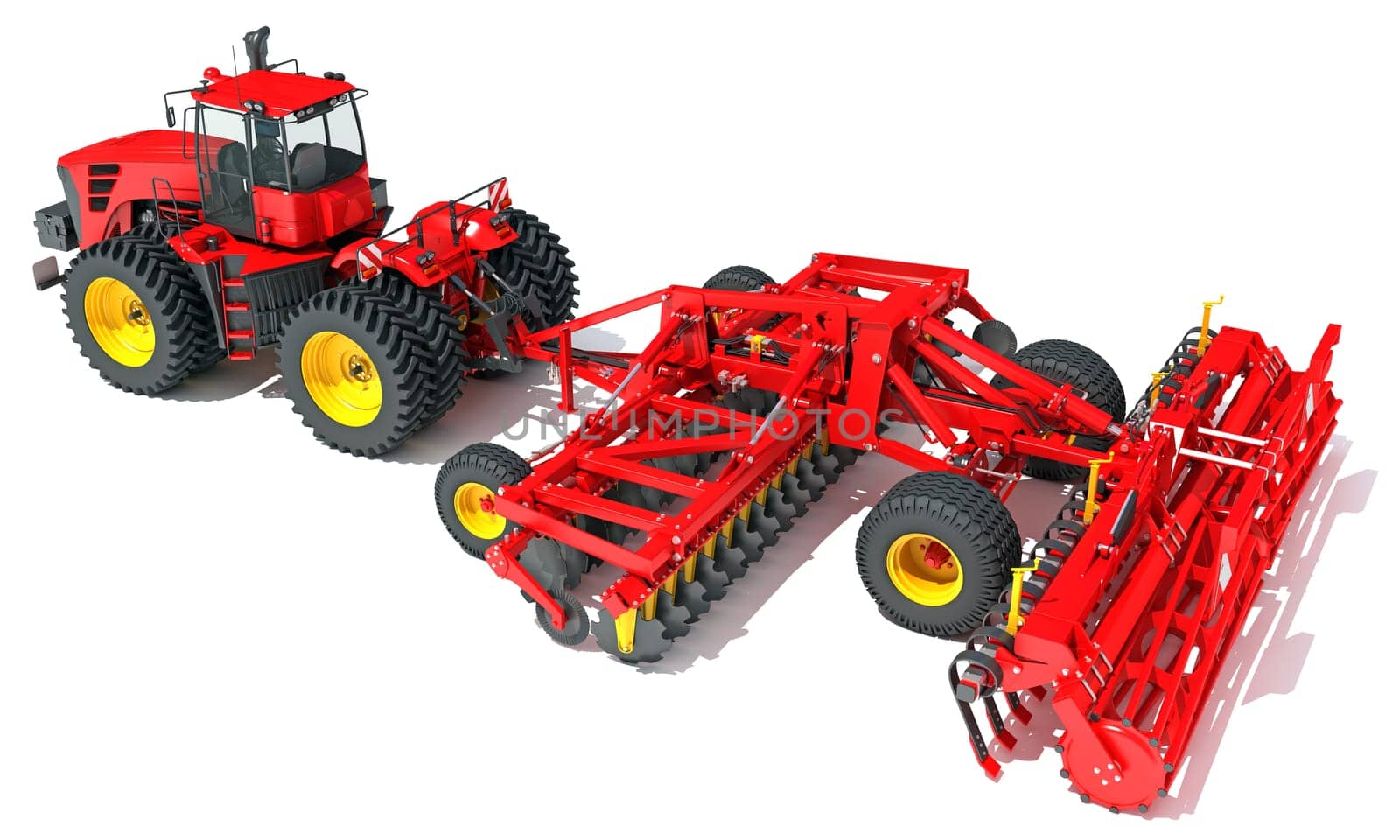 Farm Tractor with Compact Disc Harrow 3D rendering model on white background