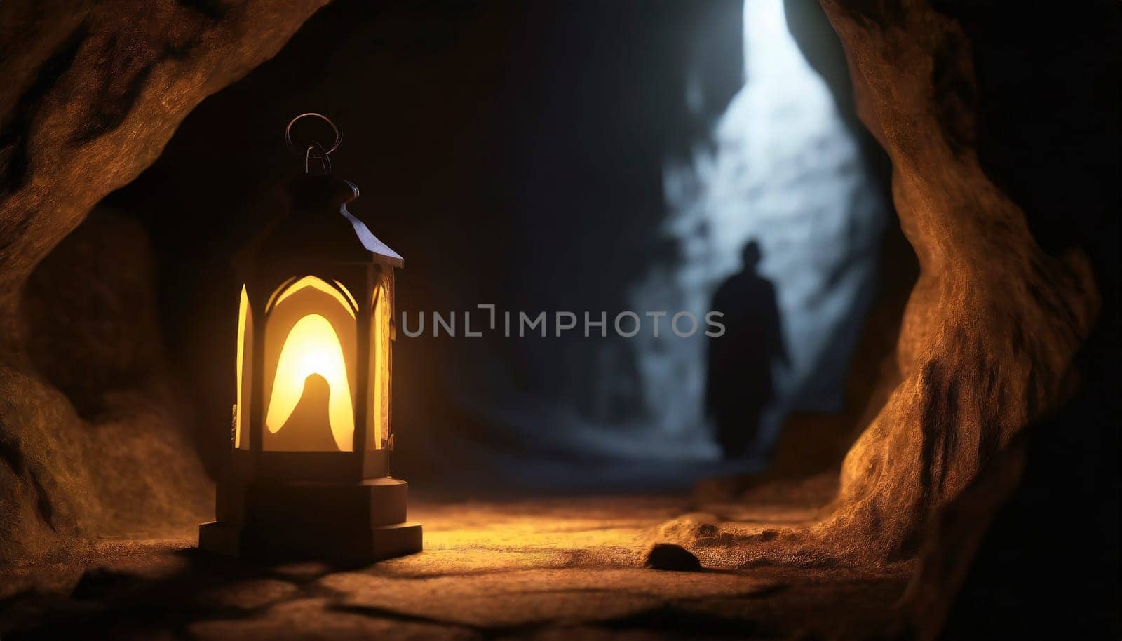 Halloween background with ghost and lantern in cave. Ghost tour adventures. AI generated
