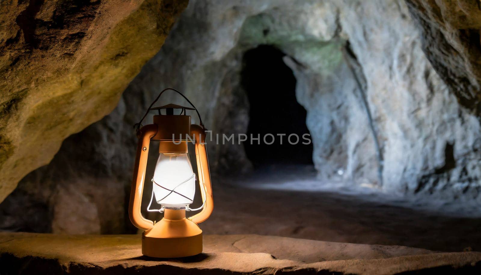 Lantern in a cave. Selective focus. Dark background. AI generated