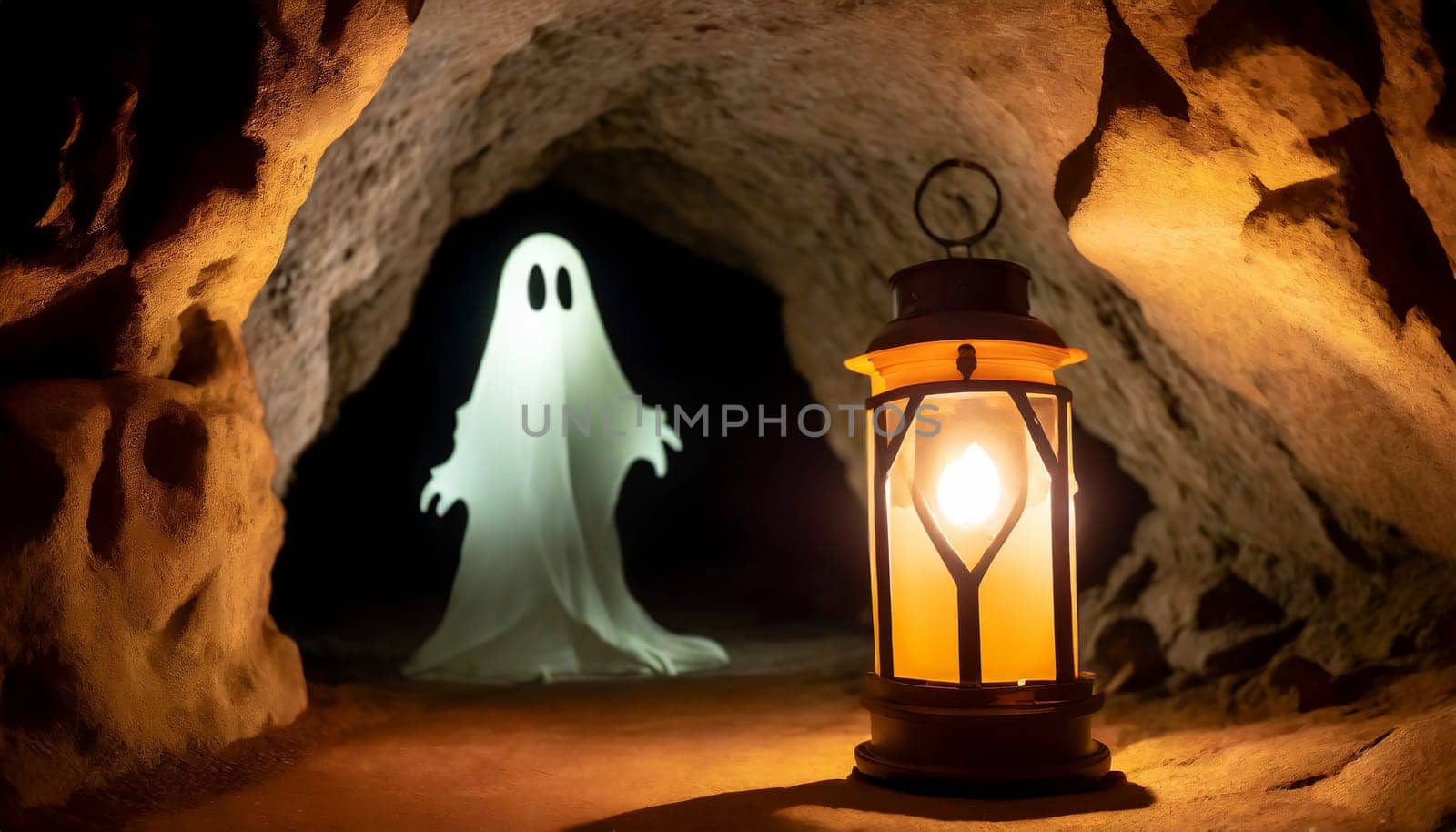 Halloween background with ghost and lantern in cave. Ghost tour adventures. AI generated