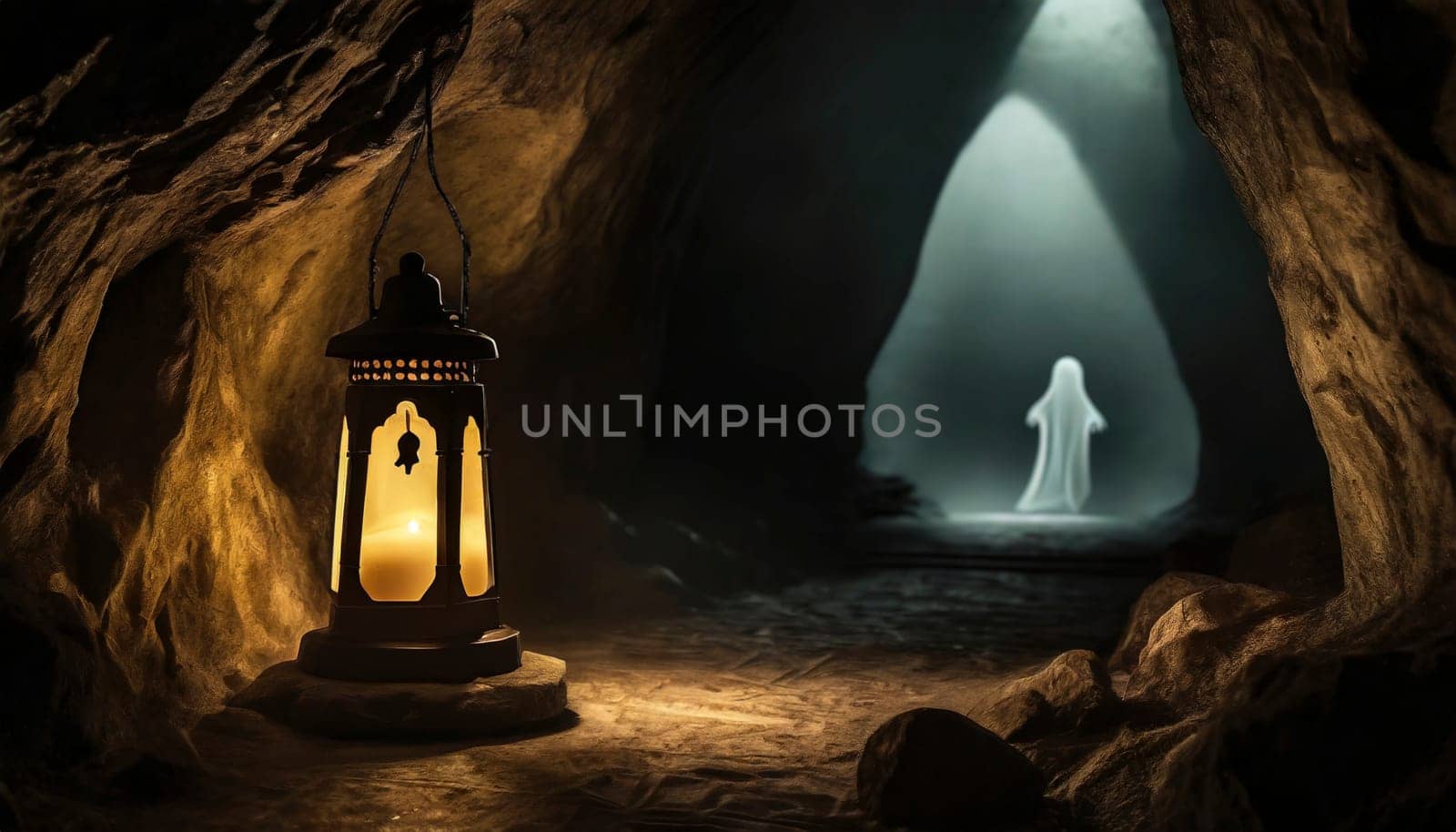 Halloween background with ghost and lantern in cave. Ghost tour adventures. AI generated