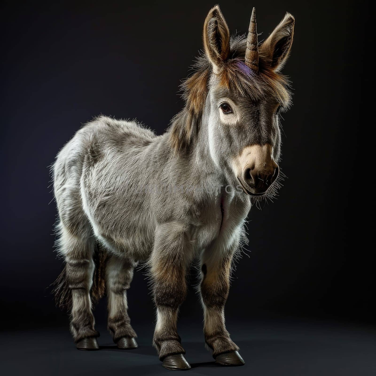 Behold the enchanting spectacle captured in this extraordinary photo, featuring a singular marvel—a Dwarf Unicorn Donkey. This whimsical creature blends the charm of a donkey with the magical allure of a unicorn, creating a scene that sparkles with uniqueness and fantasy.