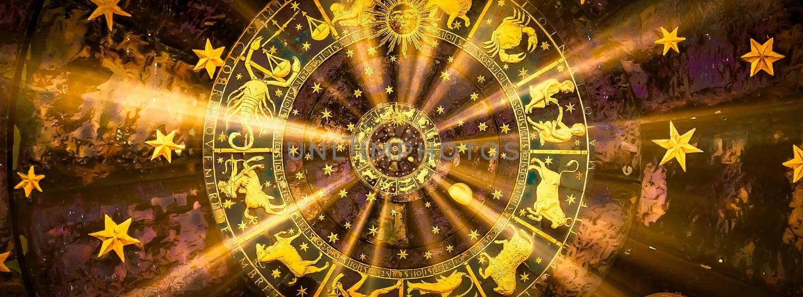 Astrological zodiac background. Vintage illustration art, grunge design. Concept of destiny, fortune, esoteric, magic, mysterious