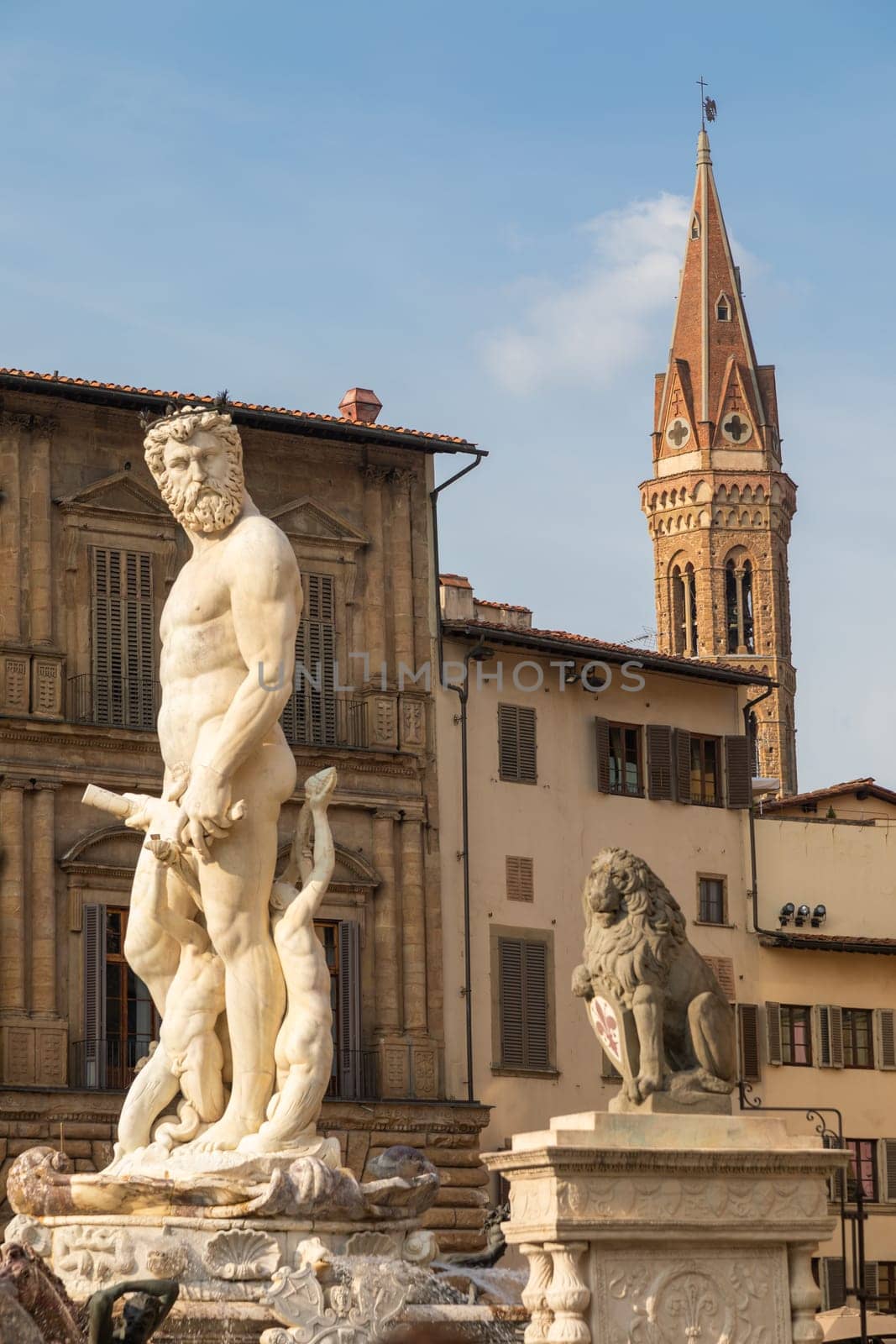 Florence, Italy - Neptune Fountain. Marble sculpture, Renaissance masterpiece, naked Poseidon statue