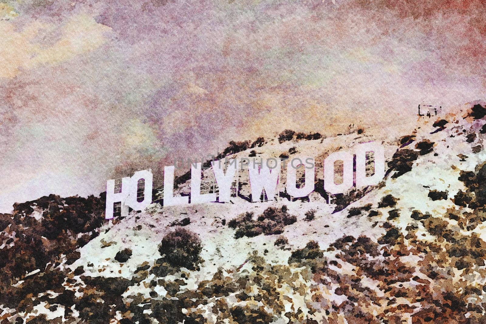 Creative illustration with artistic watercolor design - Hollywood sign in Los Angeles