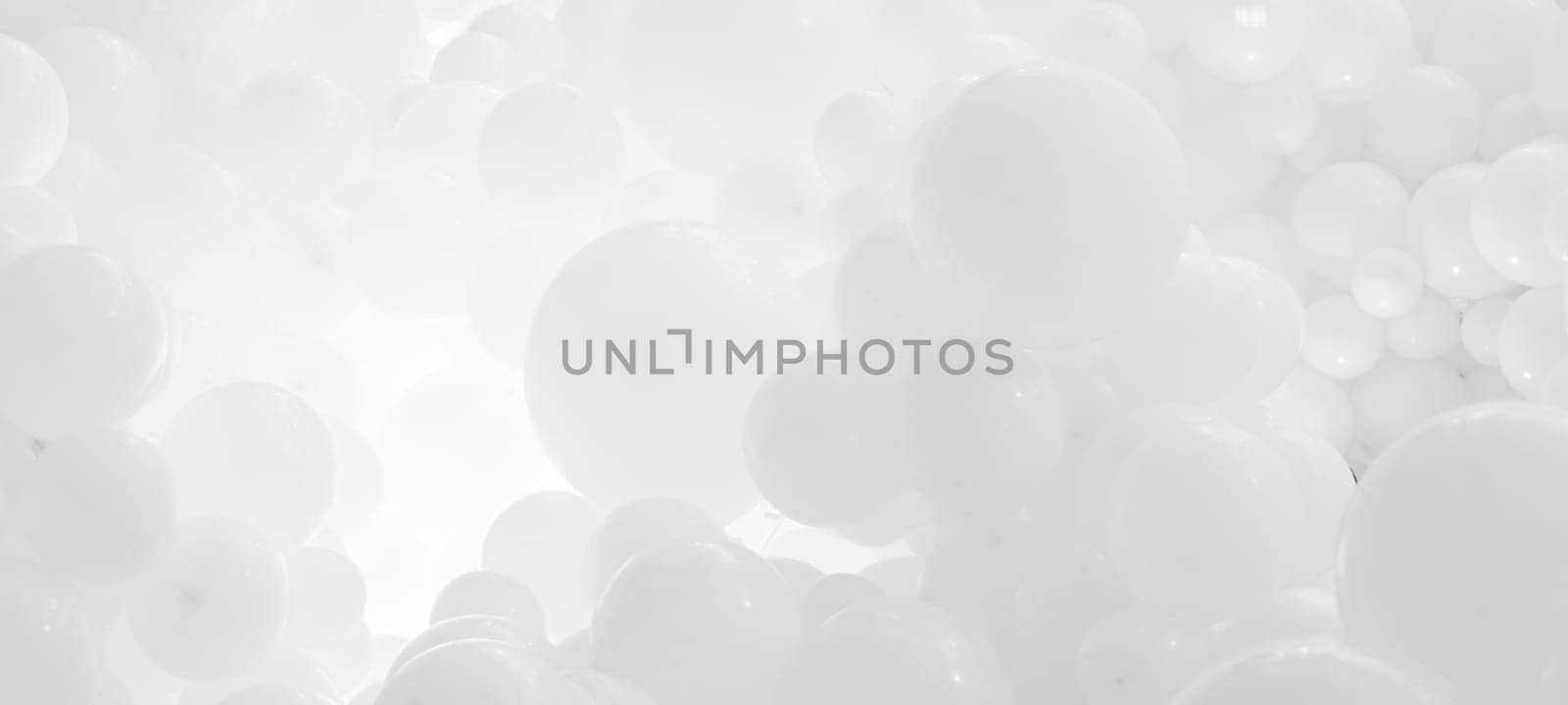 White background with flying balloons - clean design, 3d abstract realistic banner
