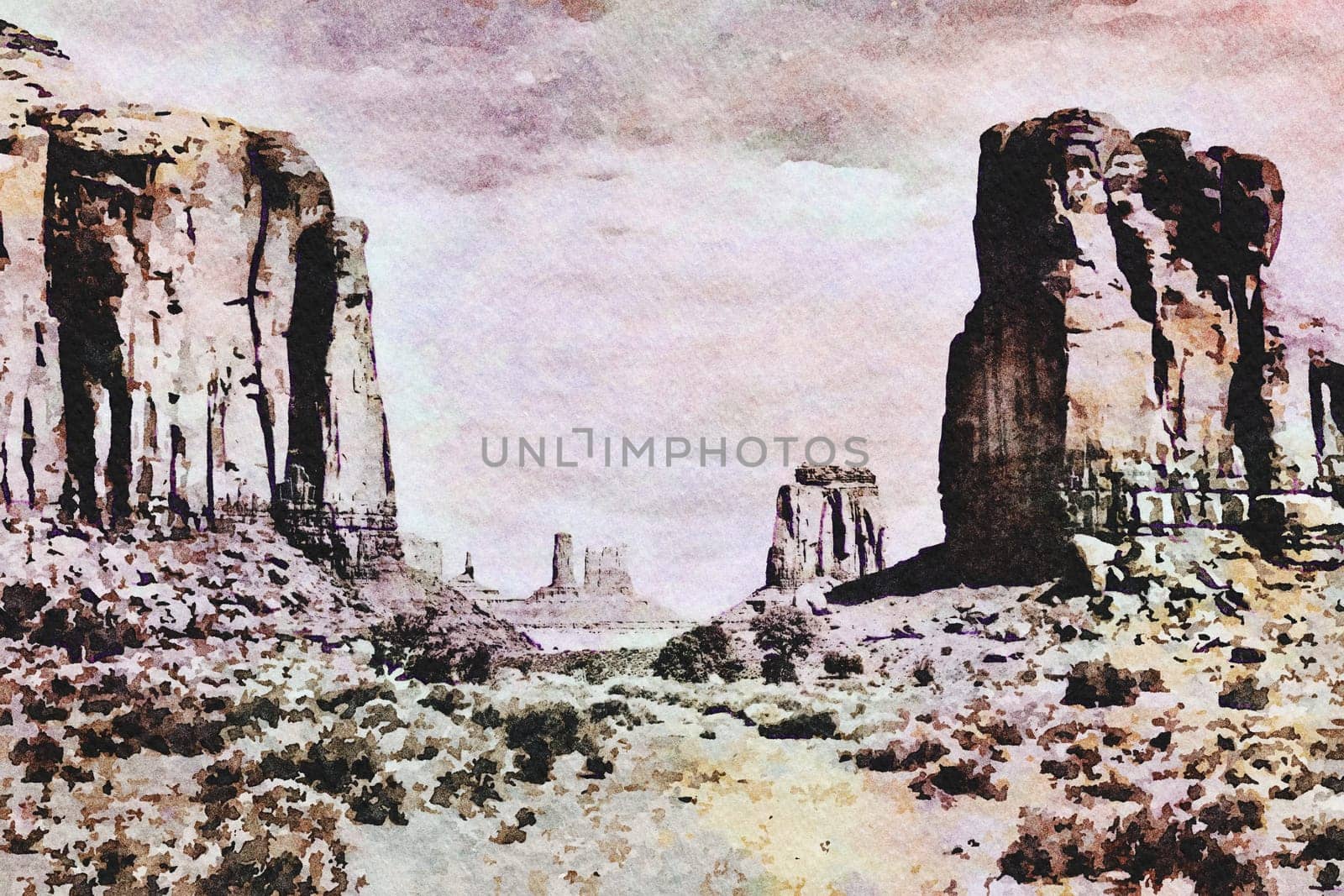 Creative illustration in vintage watercolor design - Monument Valley in USA, red panorama with blue sky