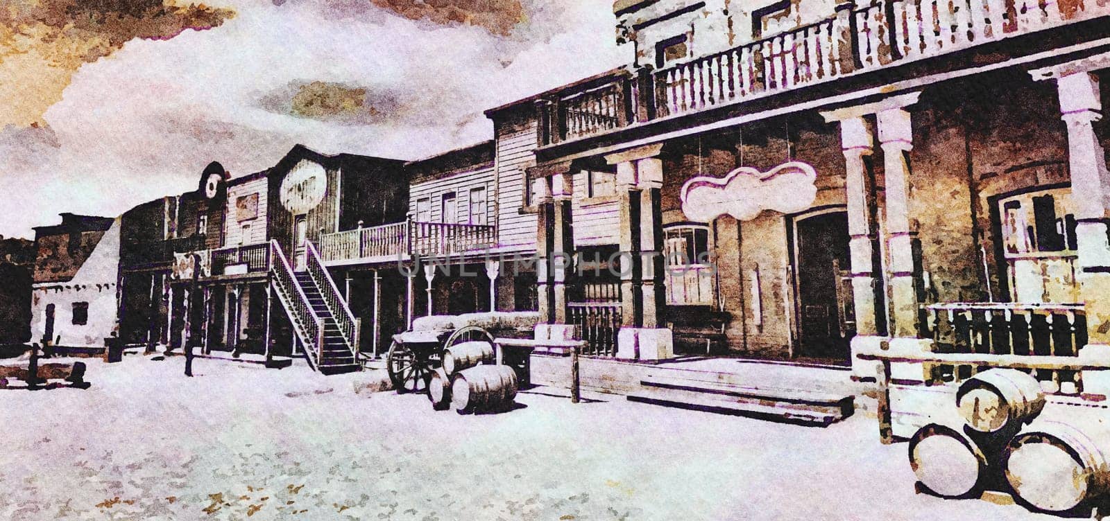 Creative illustration in vintage watercolor design - Wild West old village, rural buildings with blue sky