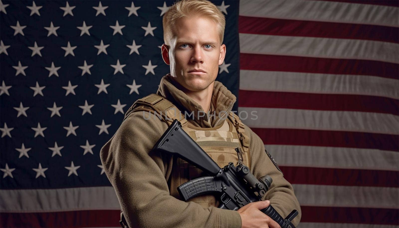 American flag with civilian and weapon. American gun law concept. army concept. Sales of weapons and ammunition. Military industry, war, global arms trade. Shotgun