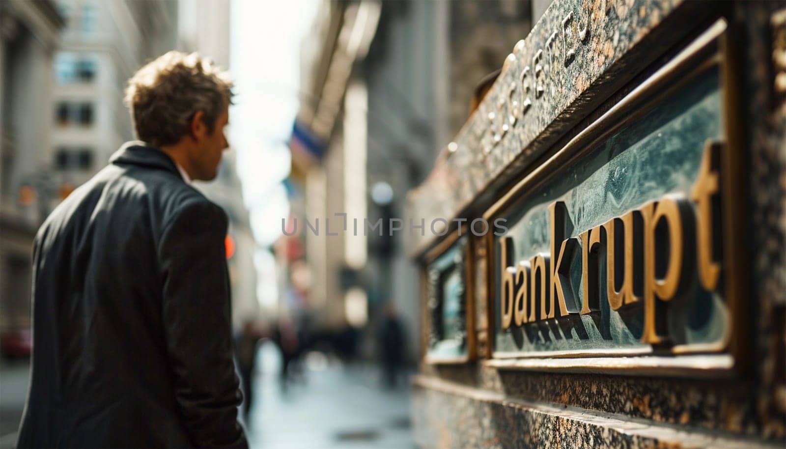 Businessmen bankrupt from recession, lose global business competitiveness, chart the global recession leading to bankruptcy and crisis. Sign with the text bankrupt with depressed businessman help
