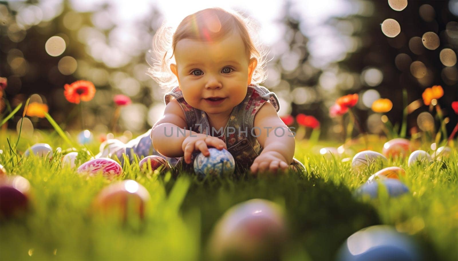 Little baby boy hunting for egg in spring garden on Easter day. Traditional festival outdoors. Child celebrate Easter holiday. Focus on multicolor eggs. Spring sunlight newborn