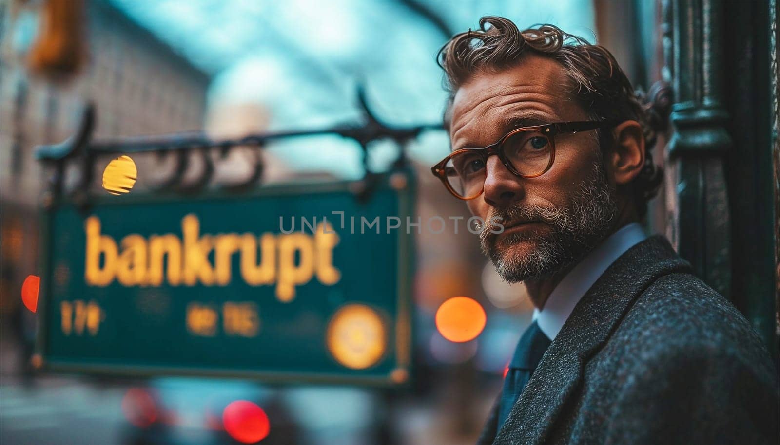Businessmen bankrupt from recession, lose global business competitiveness, chart the global recession leading to bankruptcy and crisis. Sign with the text bankrupt with depressed businessman help