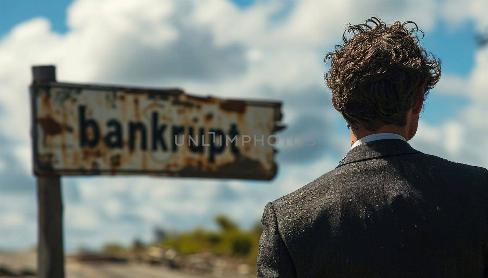 Businessmen bankrupt from recession, lose global business competitiveness, chart the global recession leading to bankruptcy and crisis. Sign with the text bankrupt with depressed businessman help