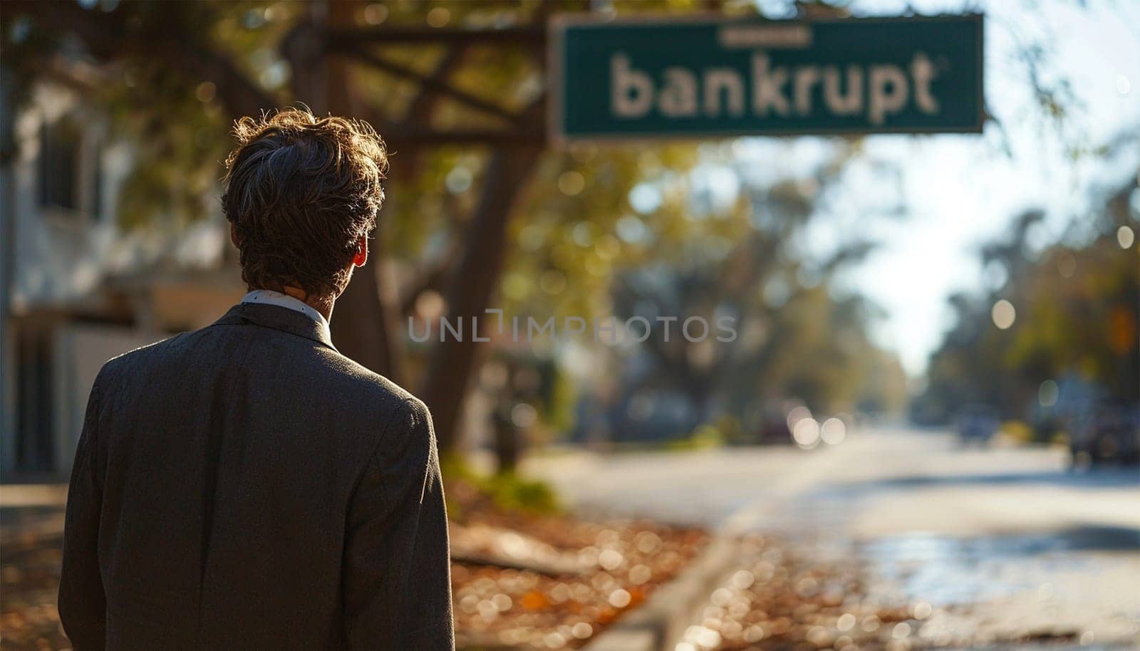 Businessmen bankrupt from recession, lose global business competitiveness, chart the global recession leading to bankruptcy and crisis. Sign with the text bankrupt with depressed businessman help