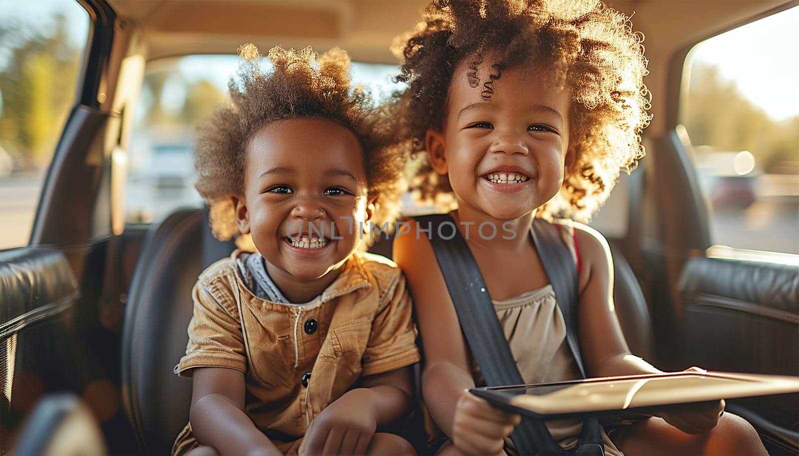 Cheerful cute African American siblings sitting at car back seat, using digital tablet together and having fun,laughing playing video games while going home from school, smiling at camera, copy space happy