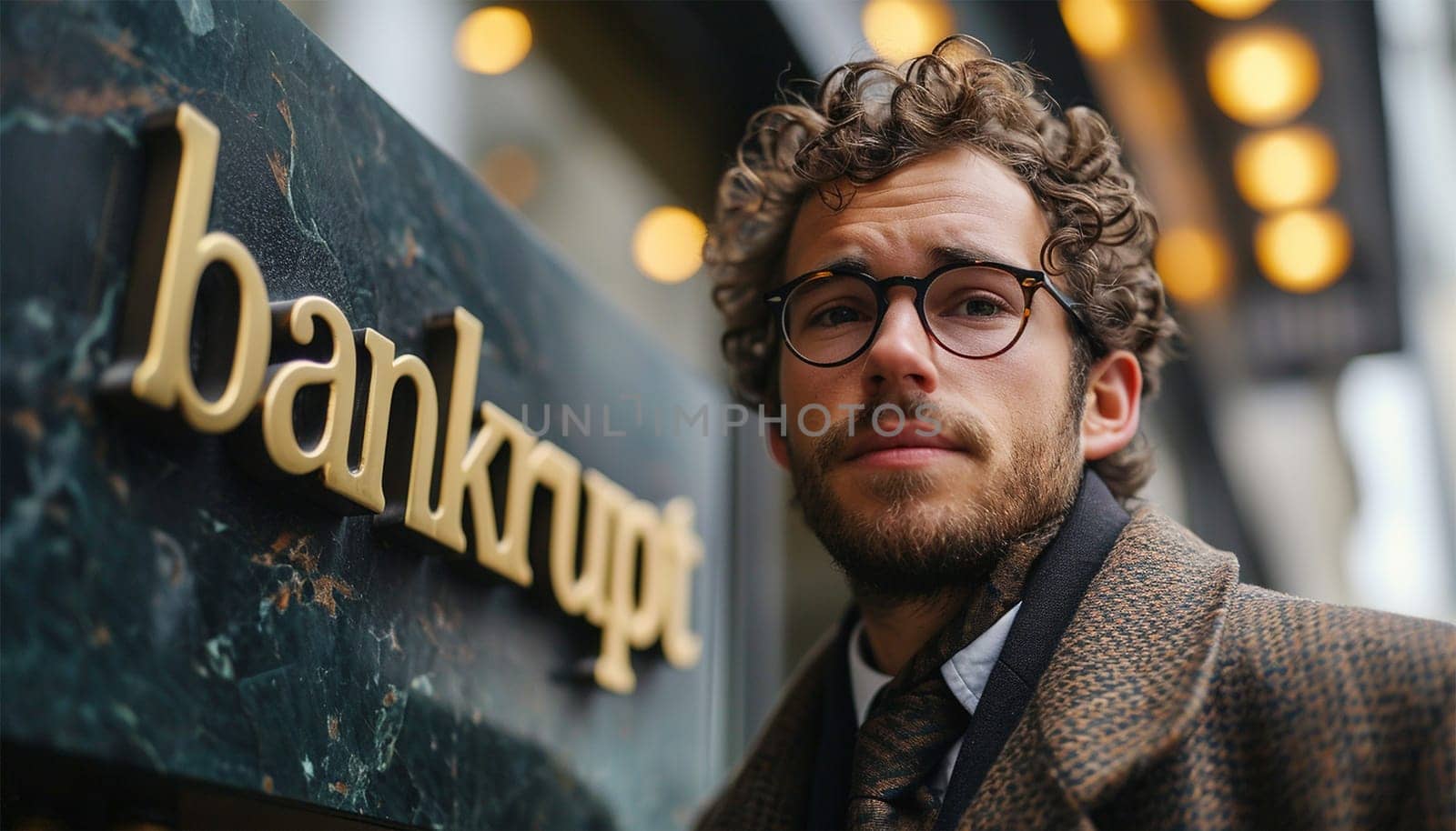 Businessmen bankrupt from recession, lose global business competitiveness, chart the global recession leading to bankruptcy and crisis. Sign with the text bankrupt with depressed businessman help