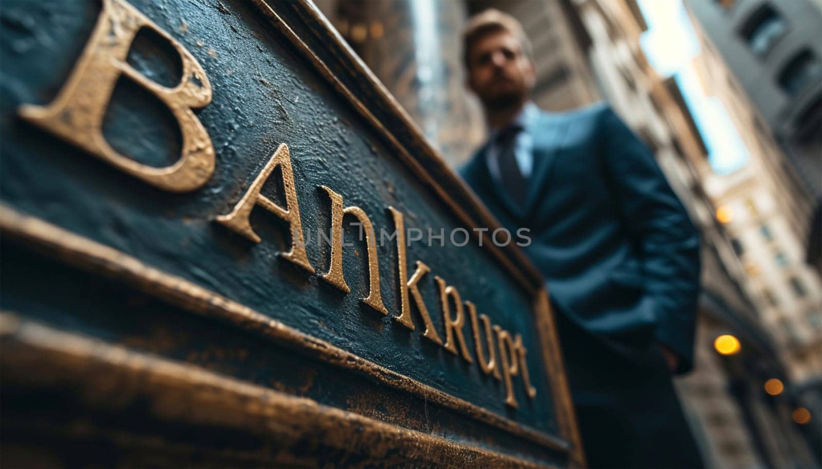 Businessmen bankrupt from recession, lose global business competitiveness, chart the global recession leading to bankruptcy and crisis. Sign with the text bankrupt with depressed businessman help