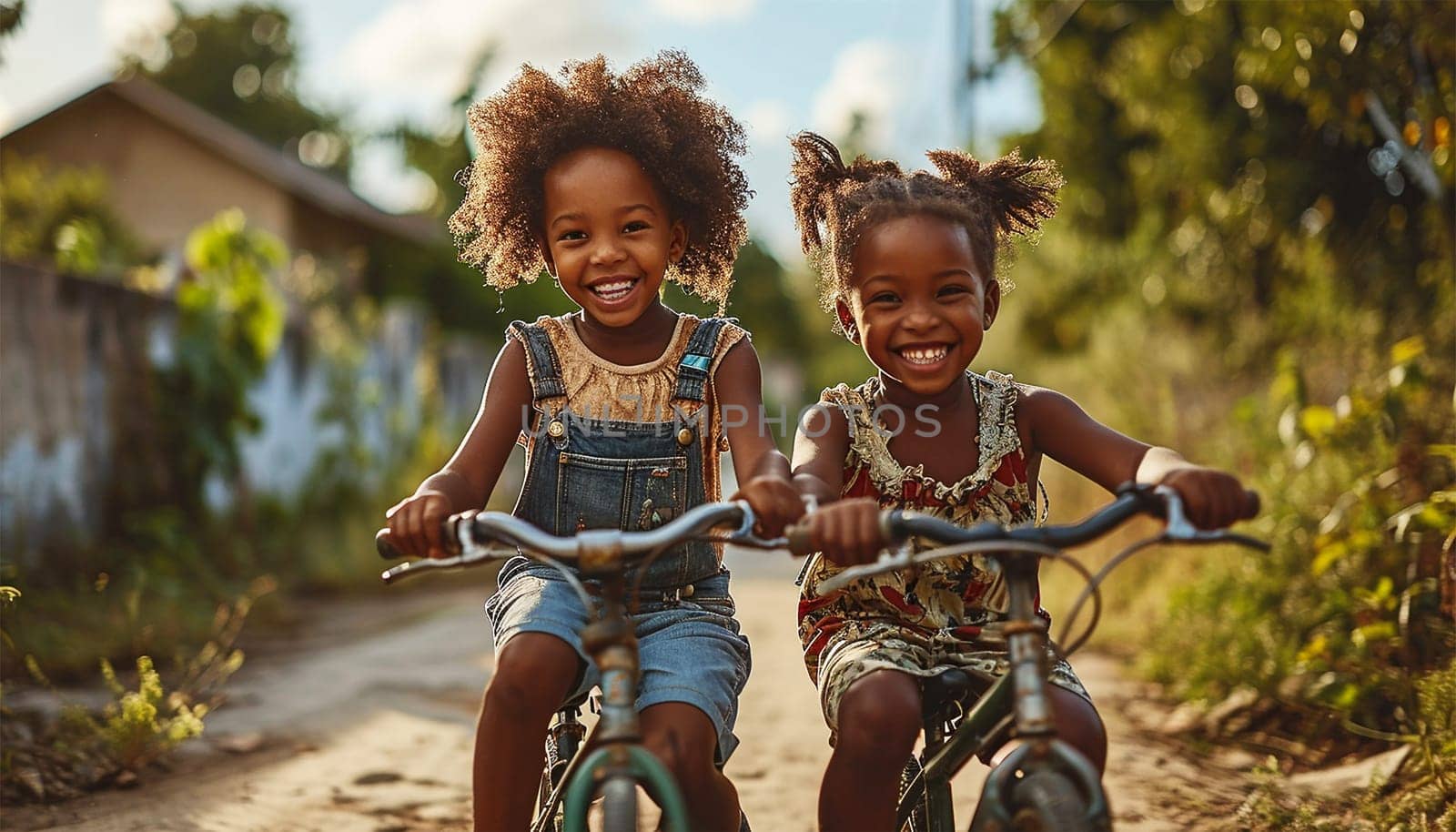 Happy African American children riding a bicycle on summer road. children riding his bicycle and his happy excited going to school. Kids having fun active