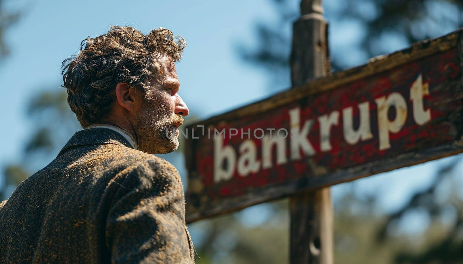 Businessmen bankrupt from recession, lose global business competitiveness, chart the global recession leading to bankruptcy and crisis. Sign with the text bankrupt with depressed businessman help