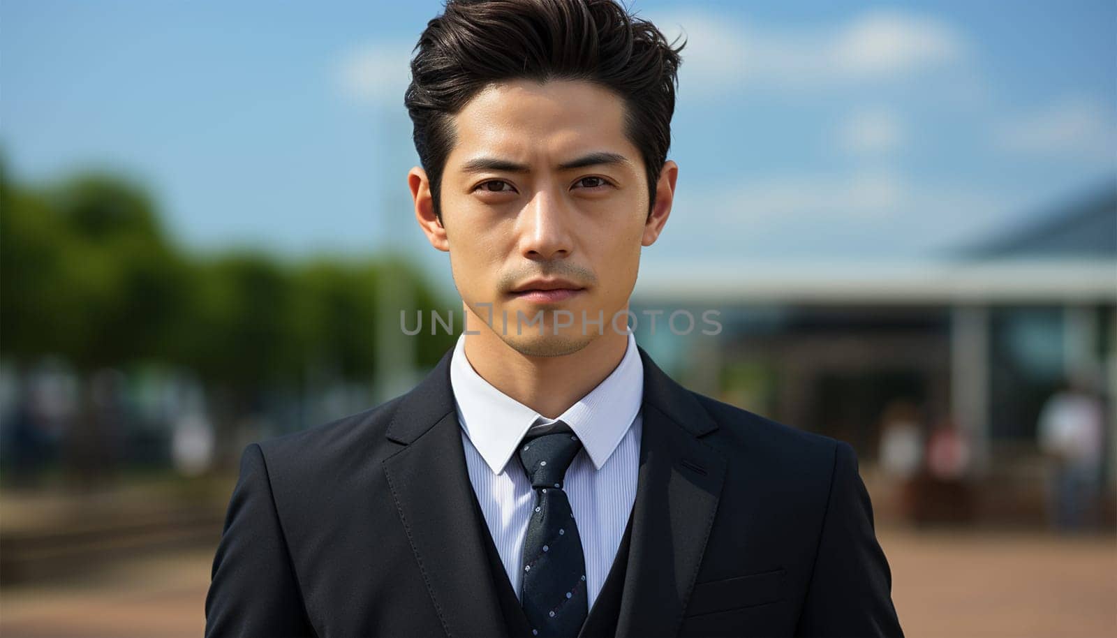 Portrait of successful Asian businessman standing with arms crossed standing in front of modern office buildings in the city. Successful Asia businessman portrait