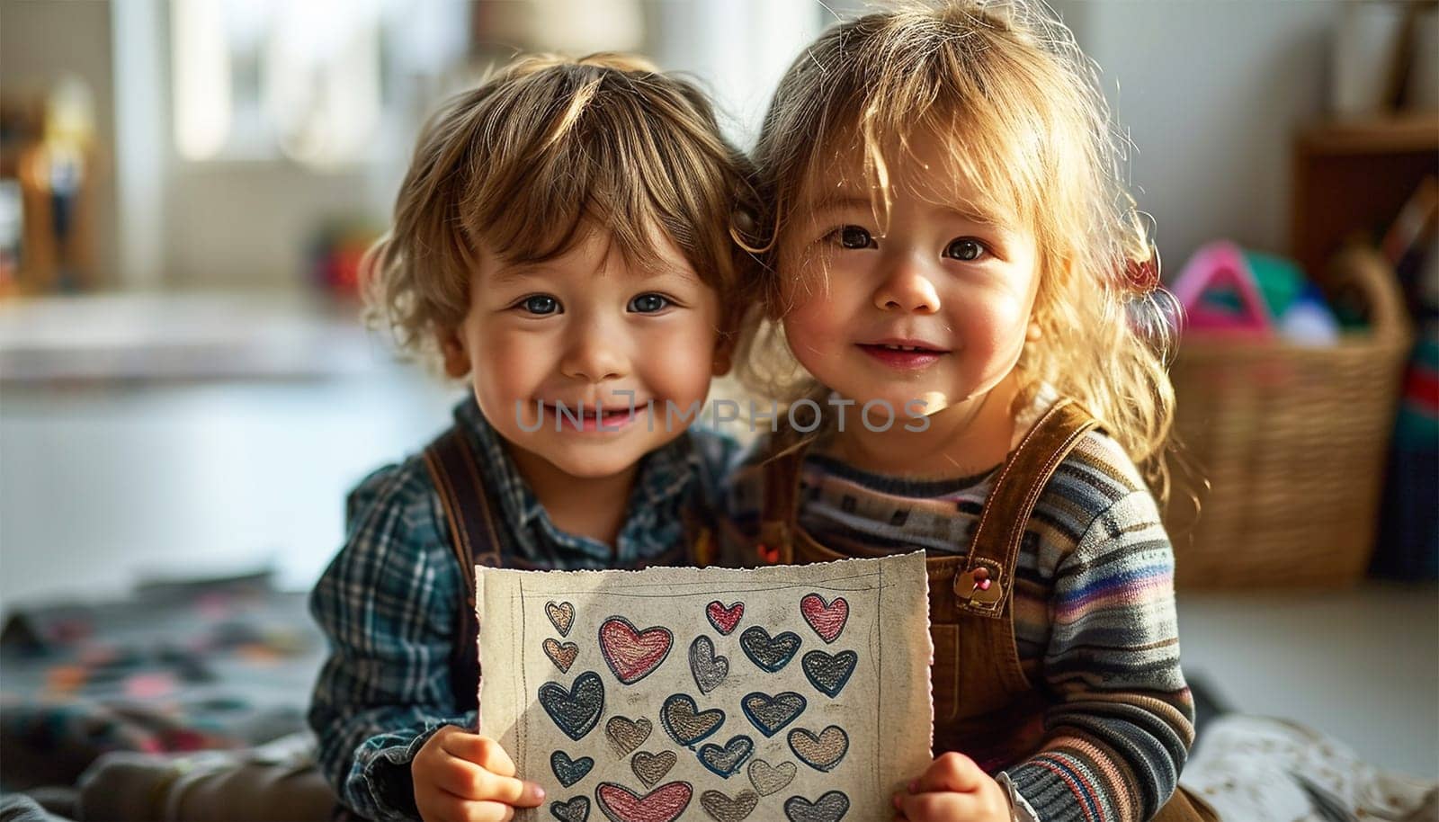Cute siblings children holding heart drawing. Children's creativity drawings and crafts for Valentines Day or Mother's Day or Father's Day. front View. Love