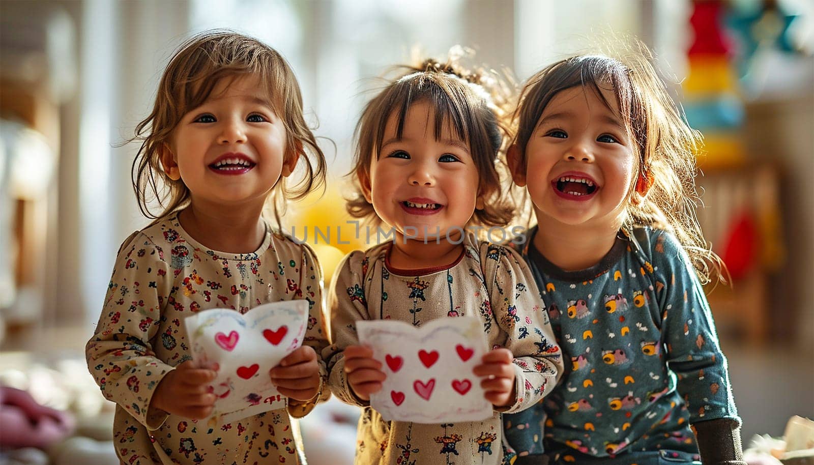 Asian lovely sweet preschool daughter congratulates mommy with life event birthday holiday, prepares for her handmade post card with red painted heart symbol of unconditional love, Mother Day concept