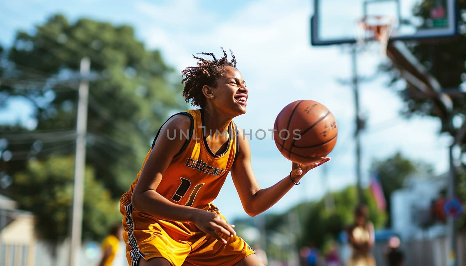 African American basketball player on a court in the city. Street basketball player making a powerful slam dunk on the court - Athletic male training outdoor at sunset - Sport and competition concept outside