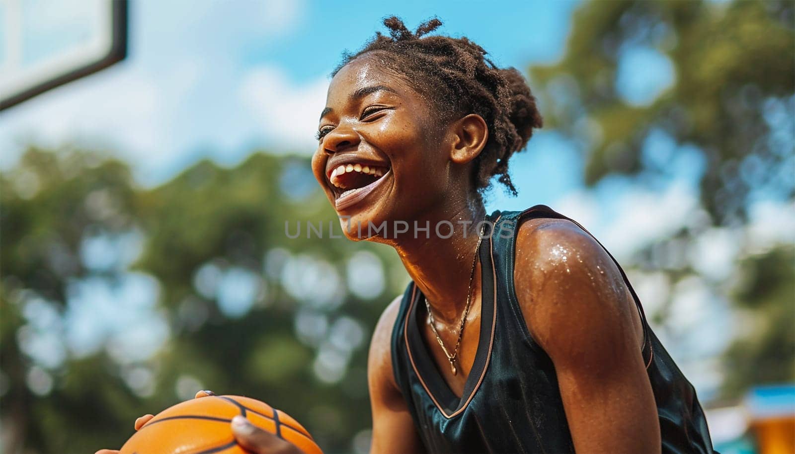 African American basketball player on a court in the city. Street basketball player making a powerful slam dunk on the court - Athletic male training outdoor at sunset - Sport and competition concept outside
