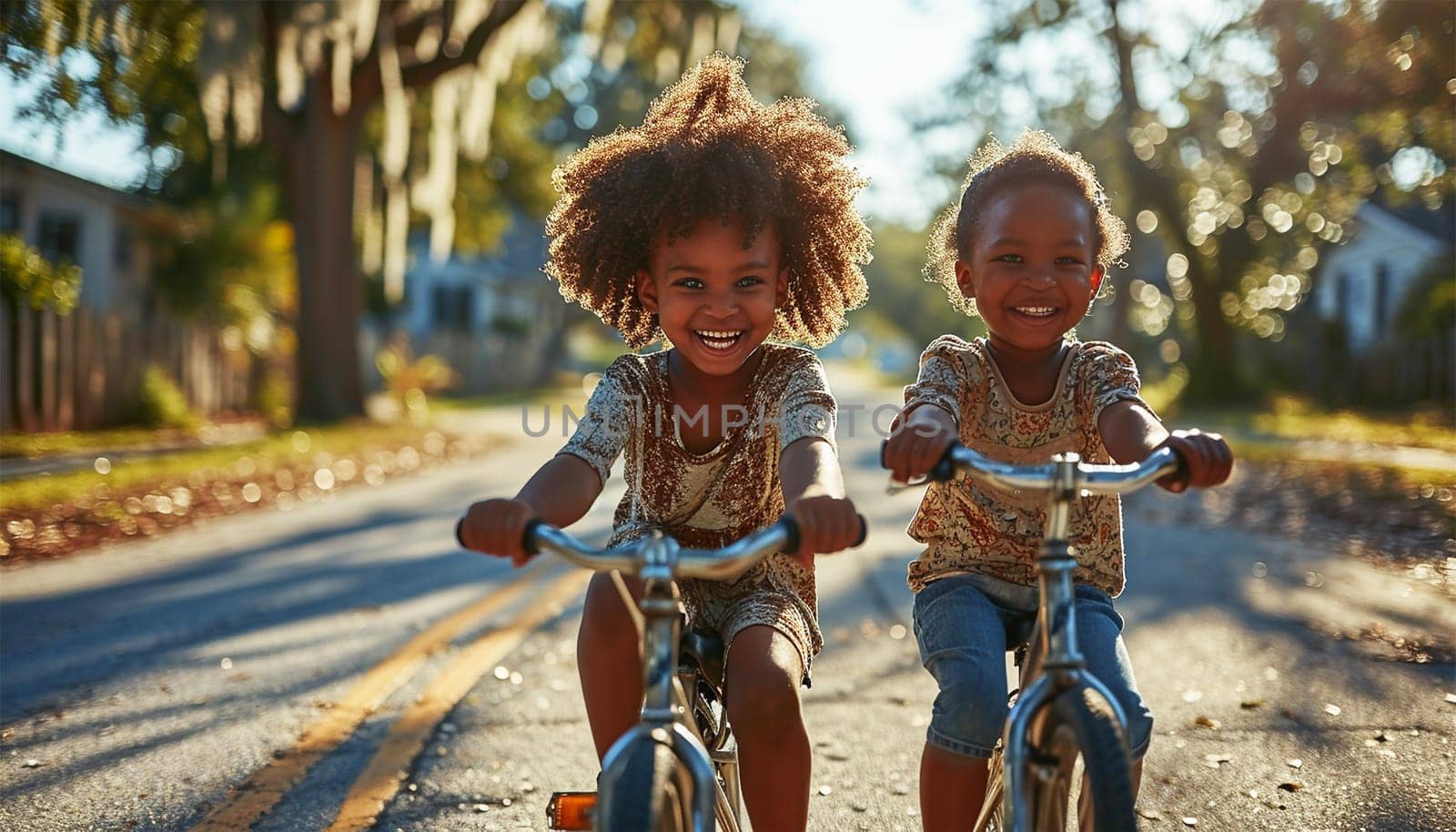Happy African American children riding a bicycle on summer road. children riding his bicycle and his happy excited going to school. Kids having fun active