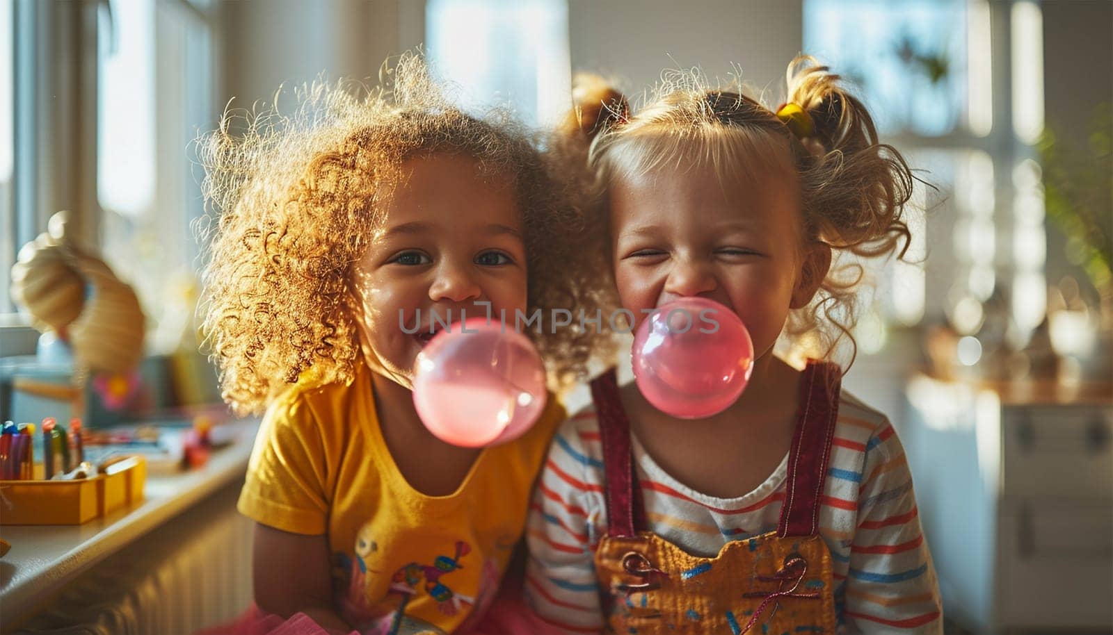 Cute children chewing gum blowing big pink bubble. Child having fun with bubble gum. Childhood candy portrait beauty