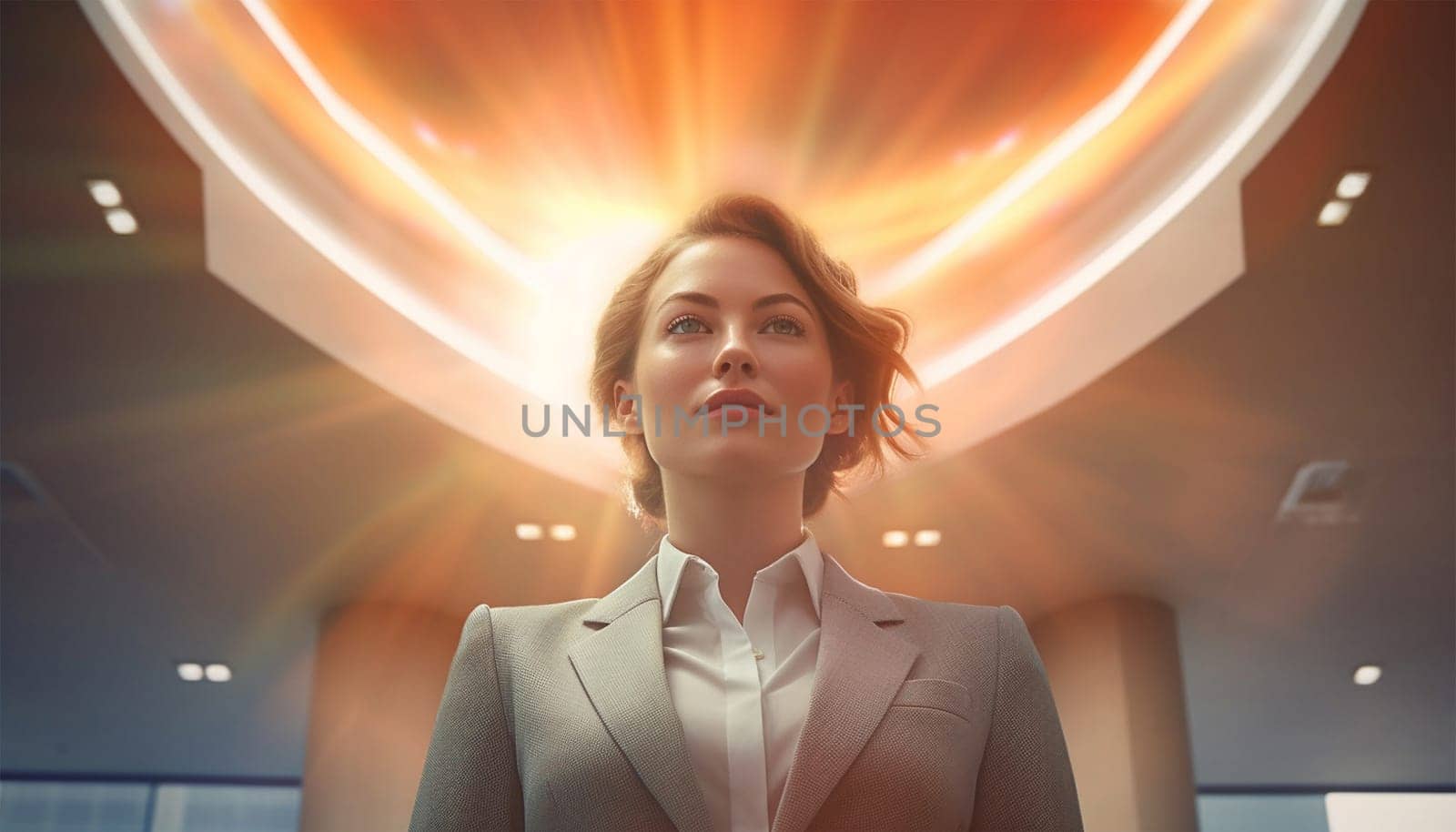 Beautiful female business woman CEO in a suit, standing confidently with arms folded and halo angel light burning. Successful female leader at work beauty