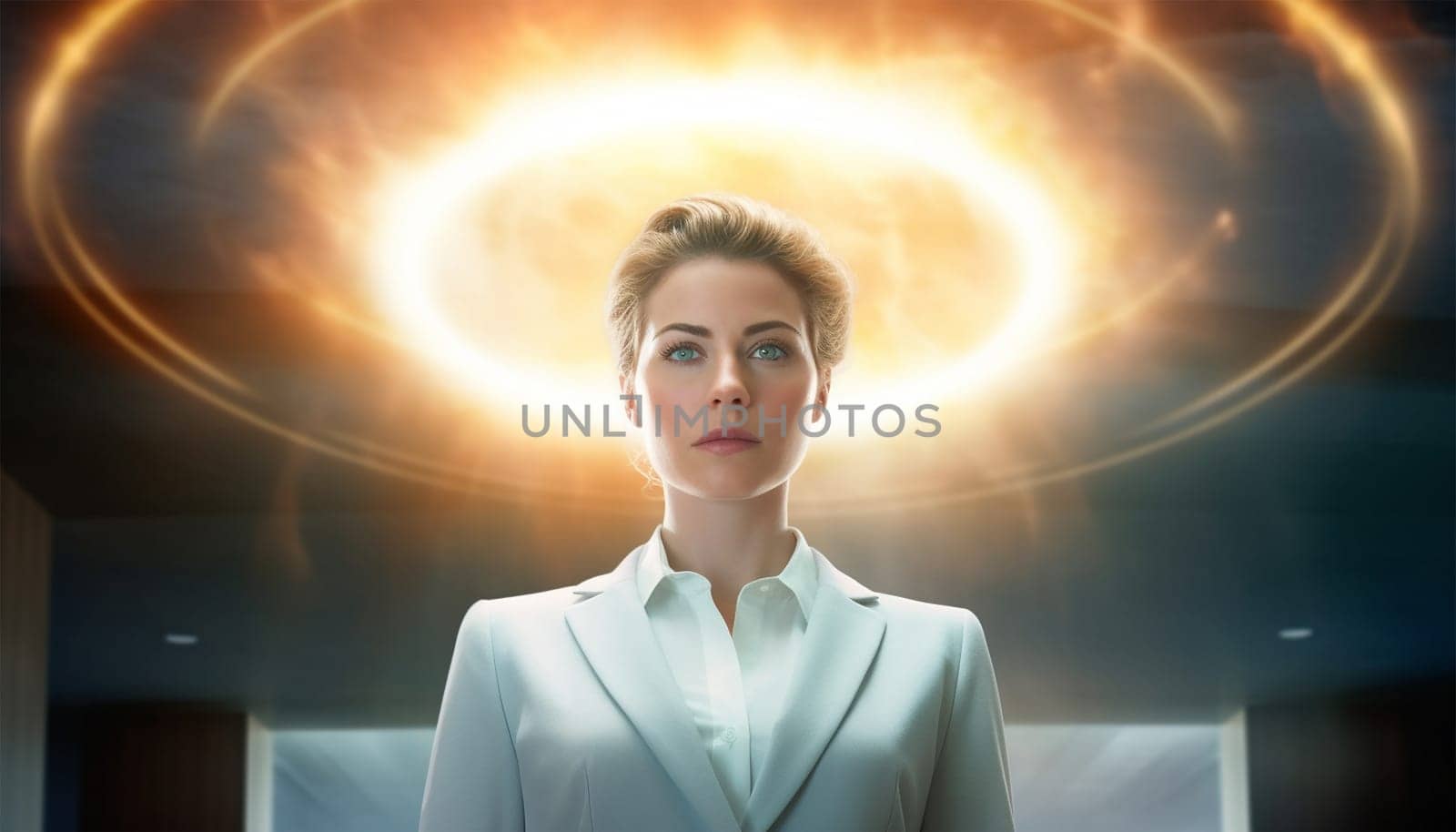Beautiful female business woman CEO in a suit, standing confidently with arms folded and halo angel light burning. Successful female leader at work beauty