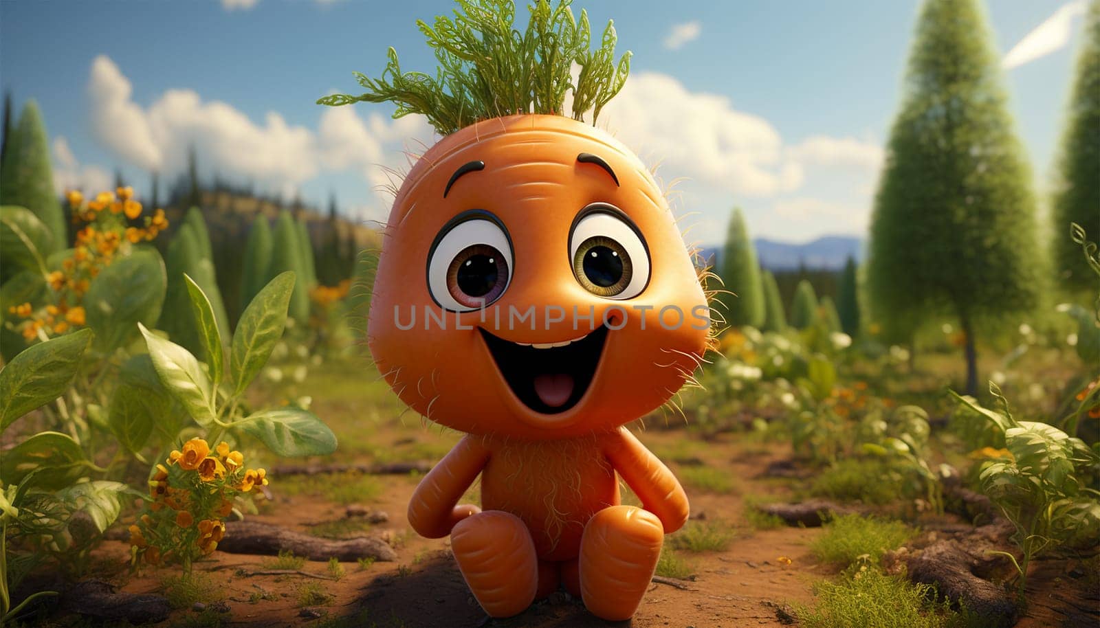 Ripe carrot growing in soil in garden 3D animation. Blue summer sky. Carrot growing closeup. carrot is growing in soil. A closeup shot of carrots growing in field. A fresh vegetable plant of carrot. funny vegetable sunlight