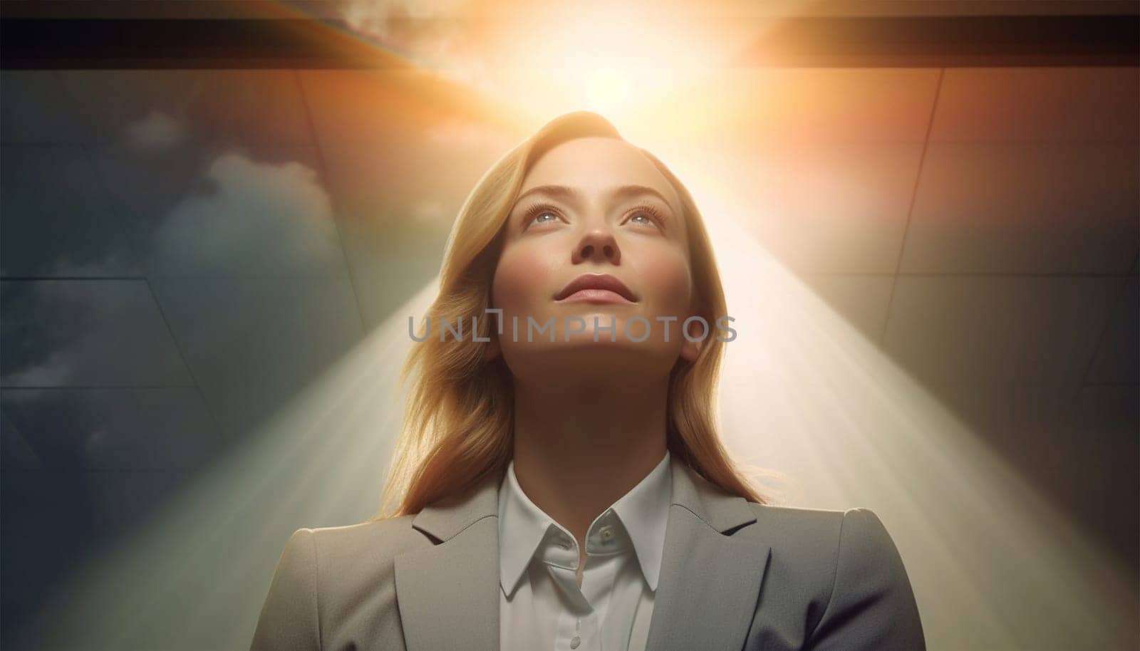 Beautiful female business woman CEO in a suit, standing confidently with arms folded and halo angel light burning. Successful female leader at work beauty