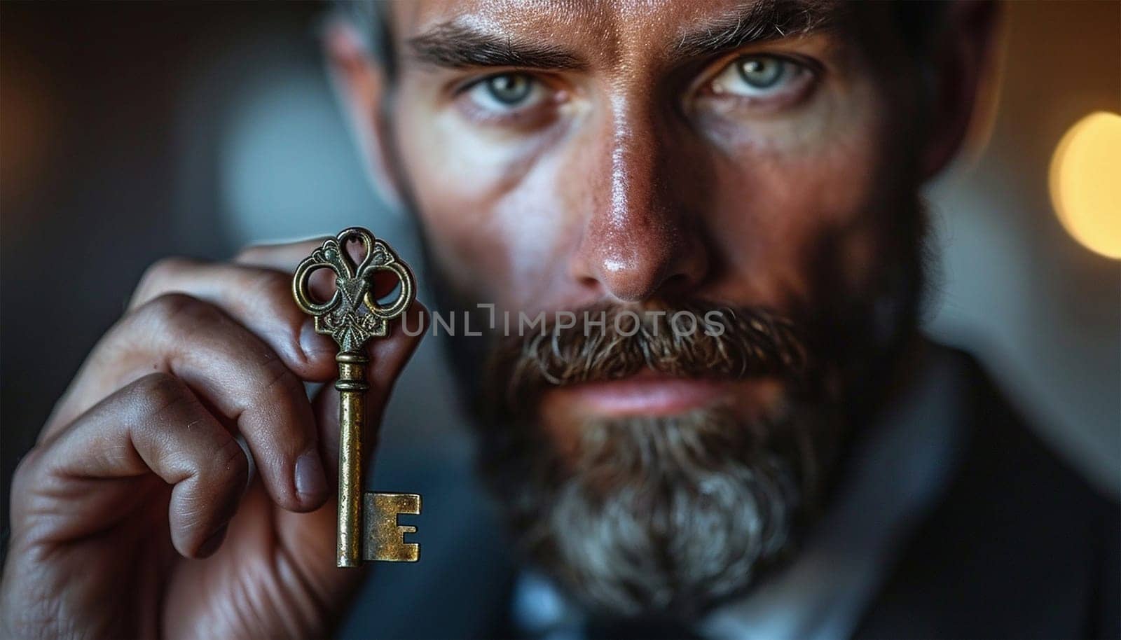 Businessman holding key from house flat apartment in hand of smiling male. Blurred portrait of confident man professional realtor offering new dwelling real estate unit to potential buyer. Close up. Key of success portrait