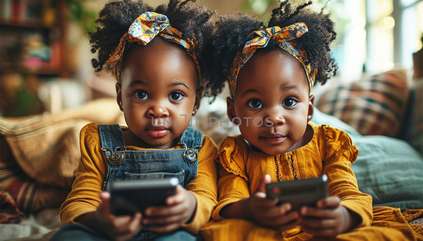 Children gadget addiction two happy laughing African American little girls sisters browsing mobile phone watching cartoons online without parental control at home couch kids siblings using smartphone and having fun portrait