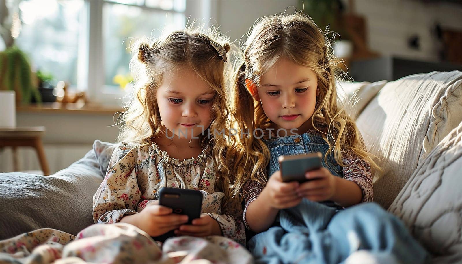 Two kids with gadgets. Sisters surfing the net or playing online games on smartphone and digital tablet at home. Modern communication and gadget addiction concept. Cute children siblings on smartphone happy
