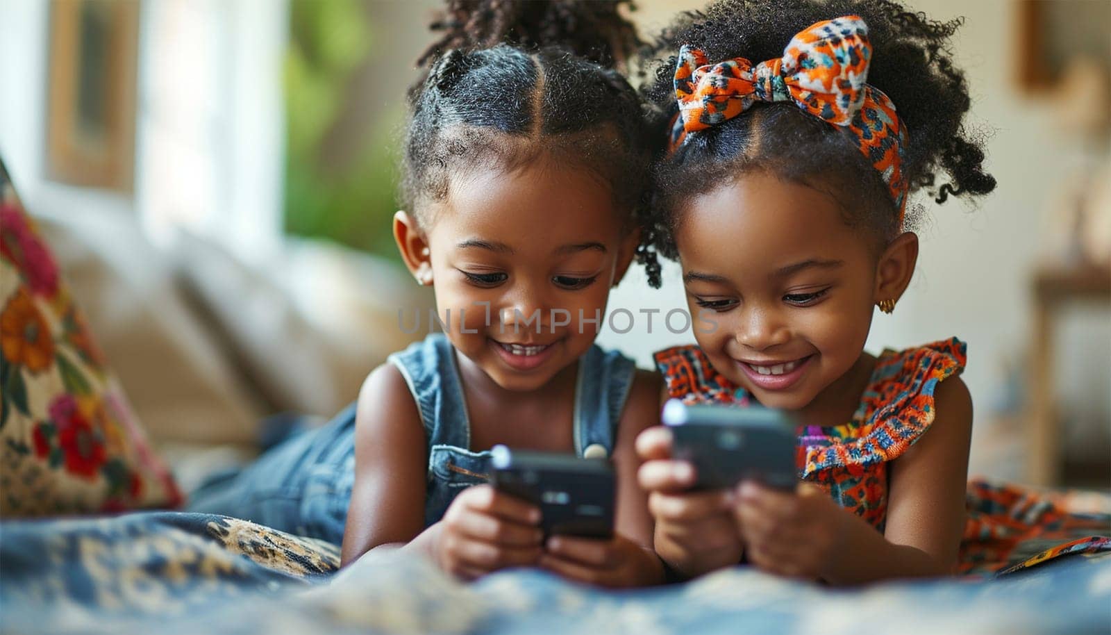 Children gadget addiction two happy laughing African American little girls sisters browsing mobile phone watching cartoons online without parental control at home couch kids siblings using smartphone and having fun portrait