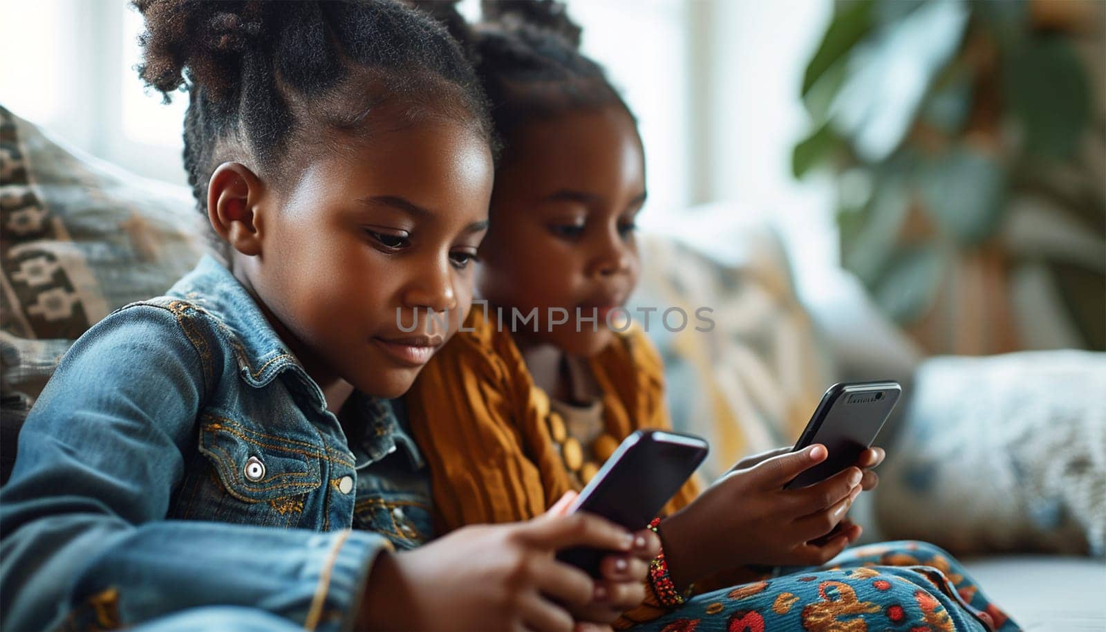 Children gadget addiction two happy laughing African American little girls sisters browsing mobile phone watching cartoons online without parental control at home couch kids siblings using smartphone and having fun portrait