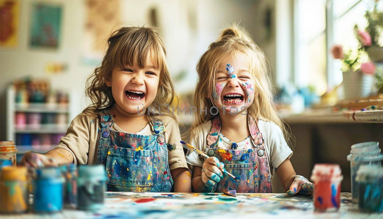 Little Caucasian siblings drawing together in living room at home. Happy girl and her sister or friend painting with crayons. Art and crafts for toddler and preschooler having fun. Creative kids concept cute