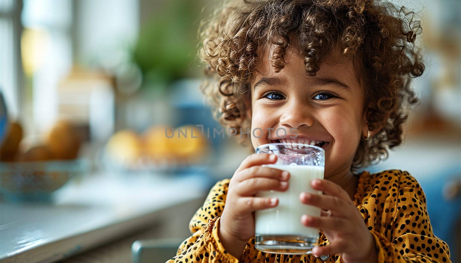 Portrait of adorable little African American child drinking glass of milk at home. Enjoying Healthy drink. Black girl calcium drink close up